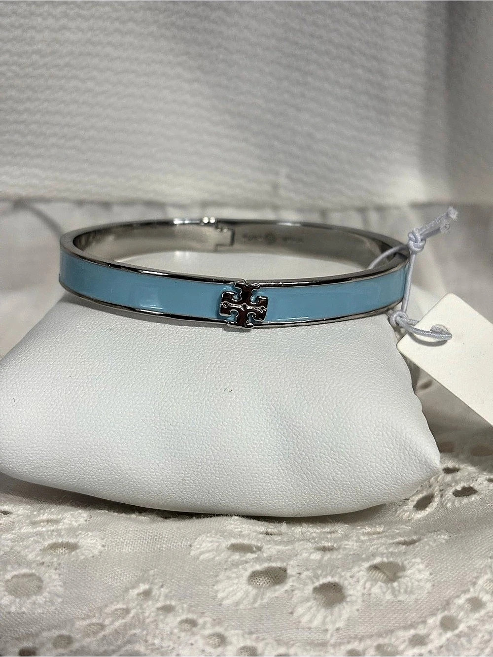 Tory Burch Kira Enamel Hinge Bracelet Blue Enamel Logo Bangle NWT
